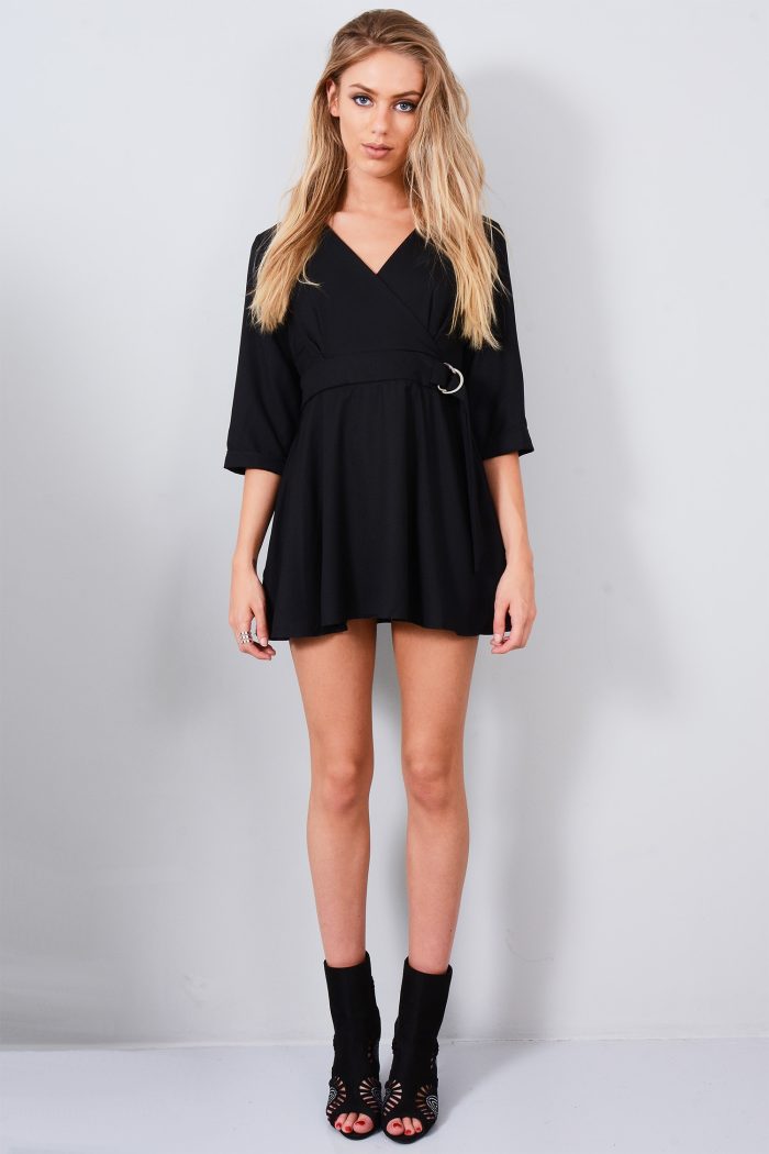 LMS Black Long Sleeved Lunge Neck Wrap Dress With Tie Waist Black Long Sleeved Plunge Neck Wrap Dress With Tie Waist