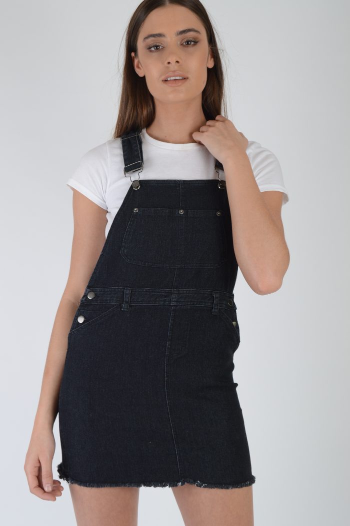 Dungaree Dress Featuring Silver Hardware (Black)