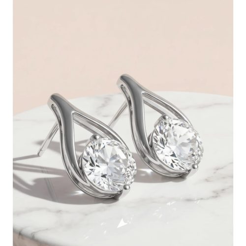 Round Cut Hollow Crystal Stud Earrings Silver