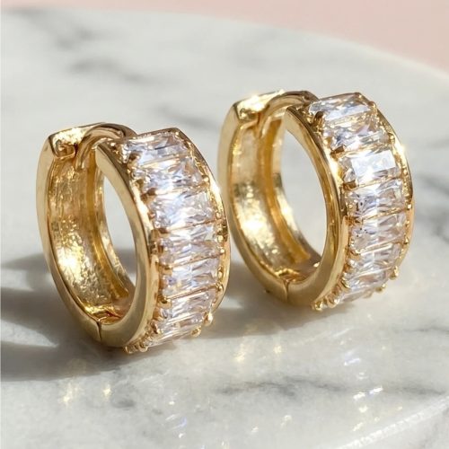 Baguette Cut Crystal Huggie Hoop Gold Plated Earrings Gold