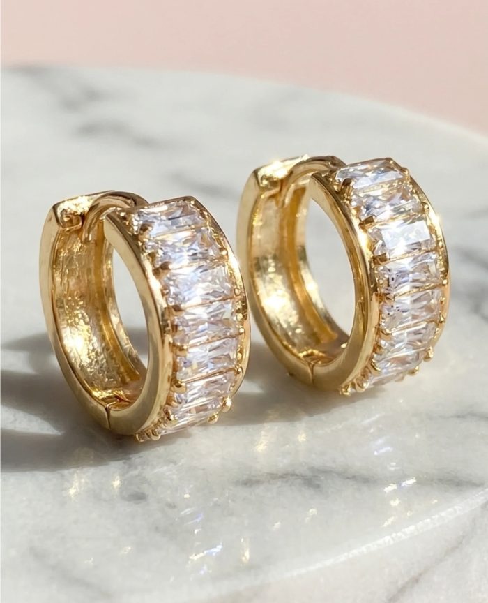 Baguette Cut Crystal Huggie Hoop Gold Plated Earrings Gold