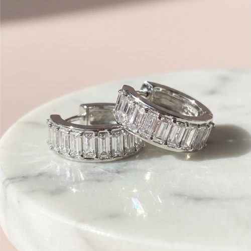 Baguette Cut Crystal Huggie Hoop Gold Plated Earrings Silver