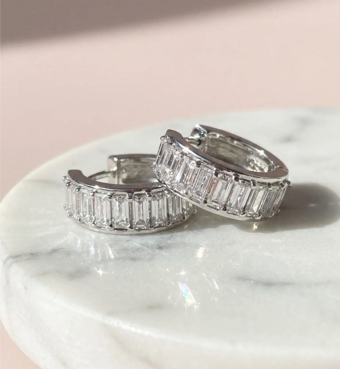 Baguette Cut Crystal Huggie Hoop Gold Plated Earrings Silver
