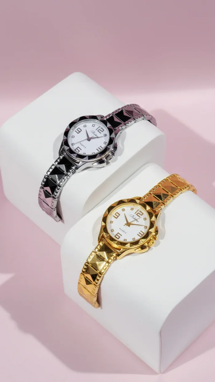 Pyramid Band Round Face Quartz Movement Watch Gold