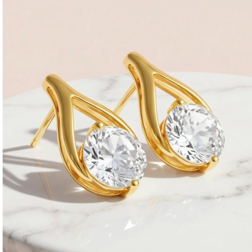 Round Cut Hollow Crystal Stud Earrings Gold