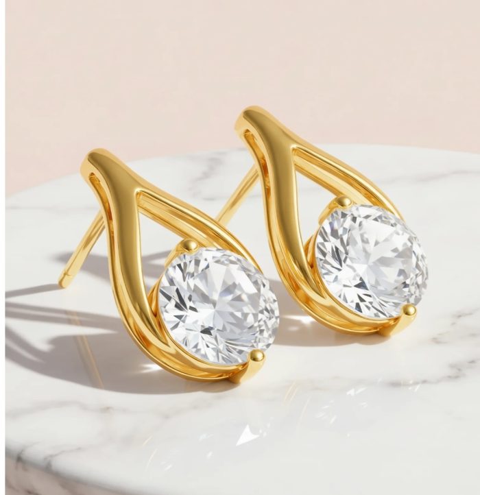 Round Cut Hollow Crystal Stud Earrings Gold
